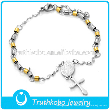 316 Stainless Steel Solid Gold Silver Christ Rosary Bracelet with Cross and St. Benedict